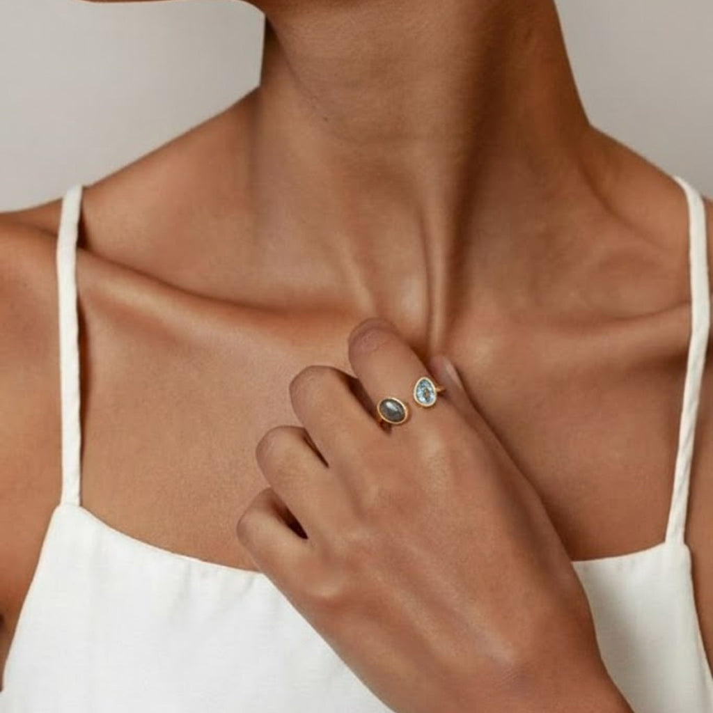 Luminous Labradorite & Sky Topaz Open Ring